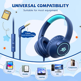 Botesty Sound kids headphones navy blue with microphone for online learning and calls.