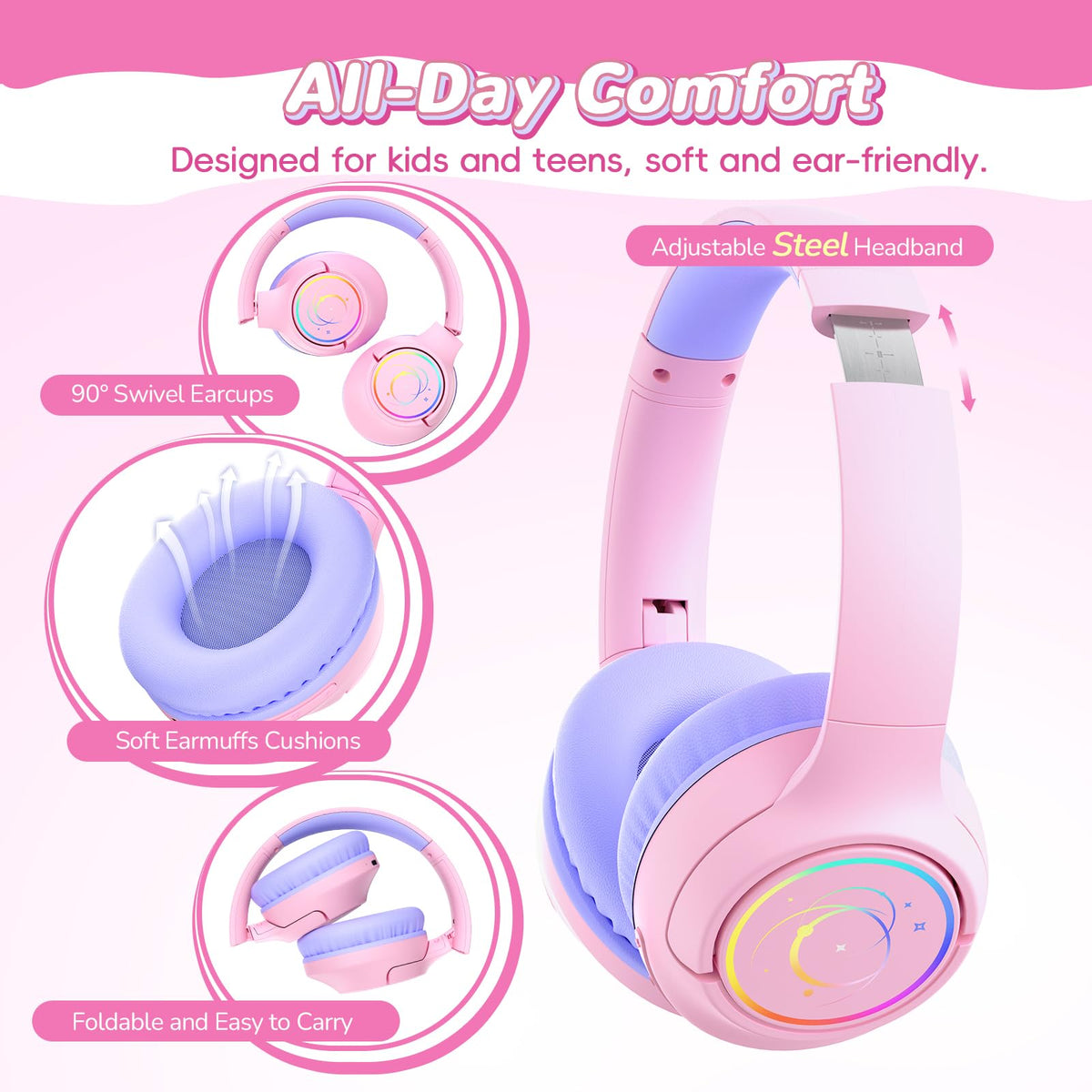 Botesty Sound pink kids headphones with Bluetooth 5.4 and built-in mic for calls and learning.