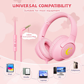 Botesty Sound pink kids headphones on desk with microphone for online classes