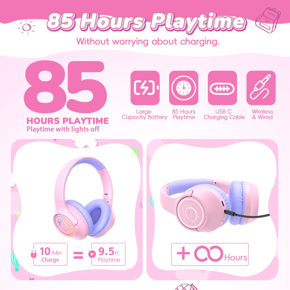 Botesty Sound pink kids headphones with rotatable ear cups for a comfortable fit.