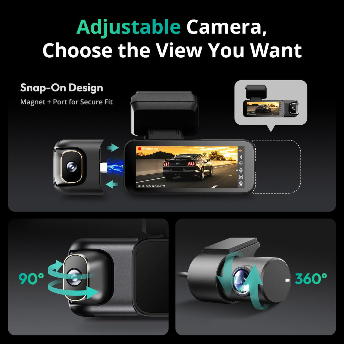 BOTSLAB 3.18-inch touchscreen dashcam enables quick adjustments and playback.