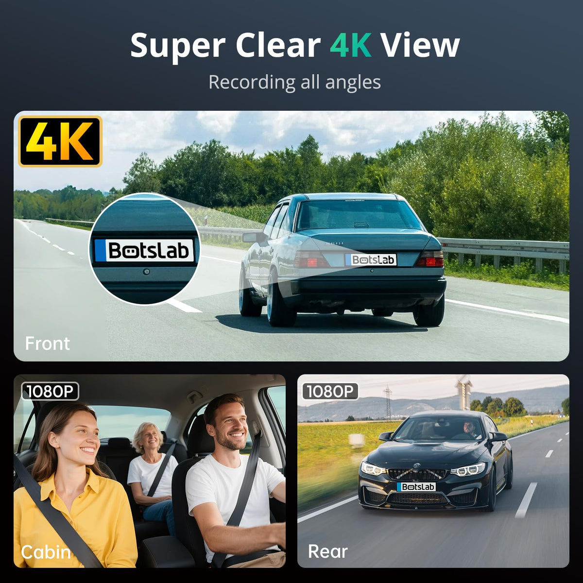 BOTSLAB 360-degree dashcam provides complete coverage for blind spots.