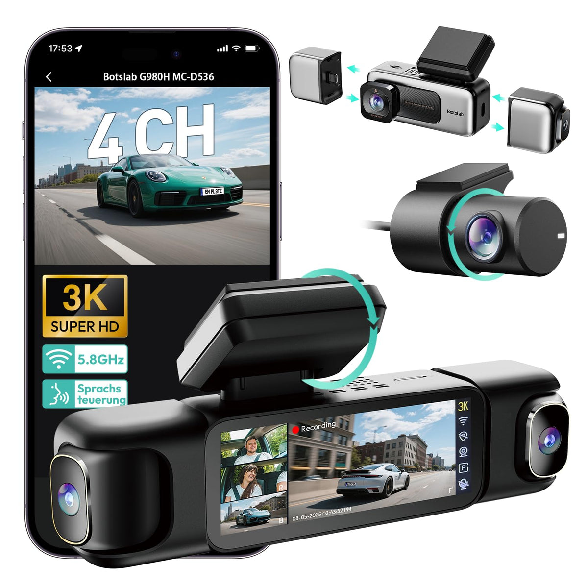 BOTSLAB dash cam front view with 170-degree lens for full coverage