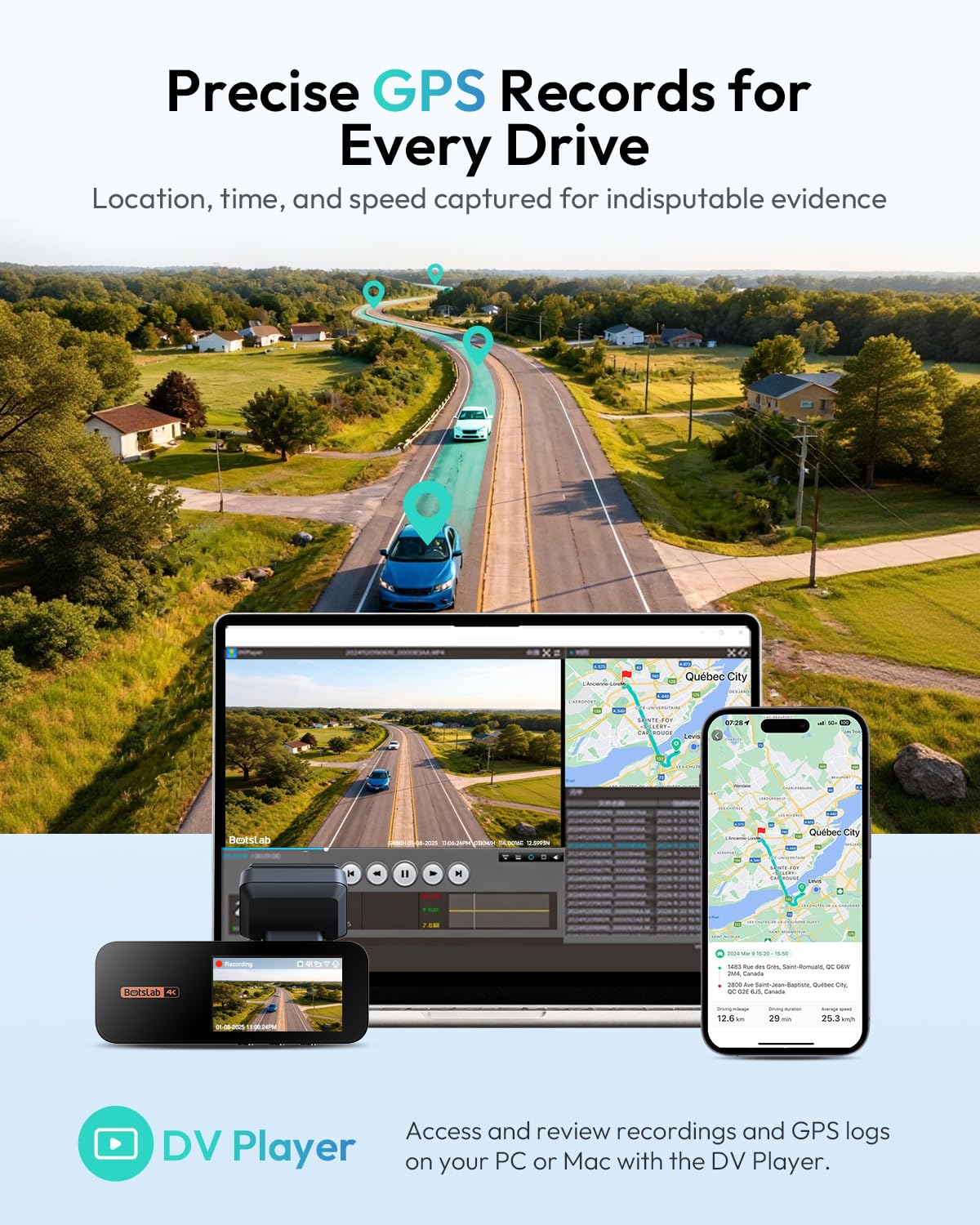 BOTSLAB GPS-enabled dash cam with route tracking and map display