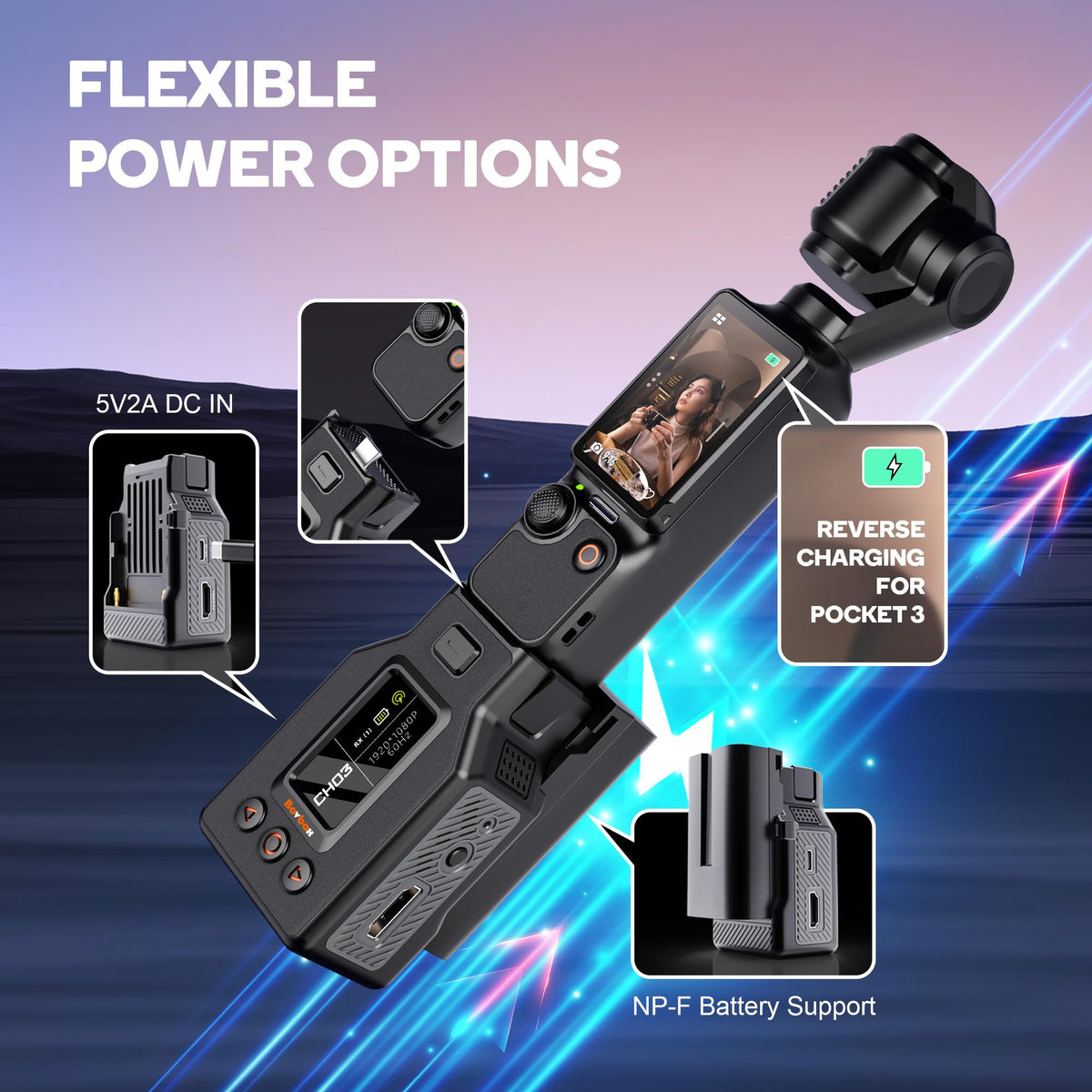 BovBox Pocket3 supports reverse charging to keep Pocket 3 powered.
