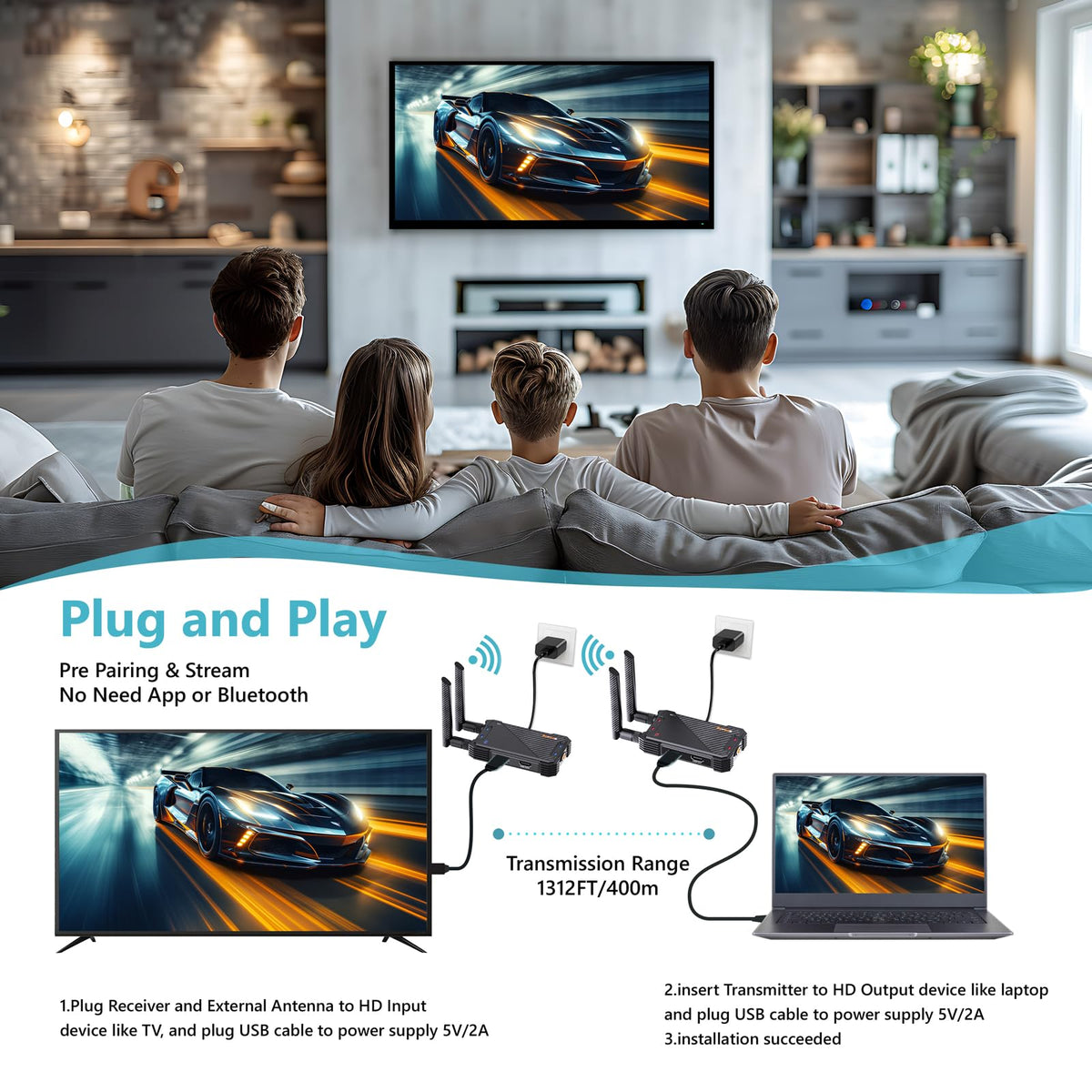 BovBox wireless HDMI receiver 1080p output for crisp big-screen viewing.