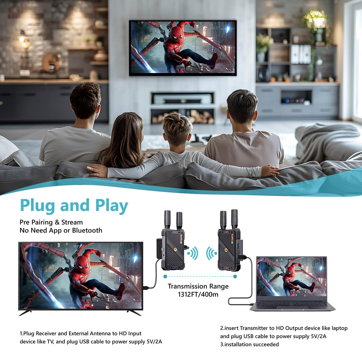 BovBox wireless HDMI receiver connected to a large screen for viewing.