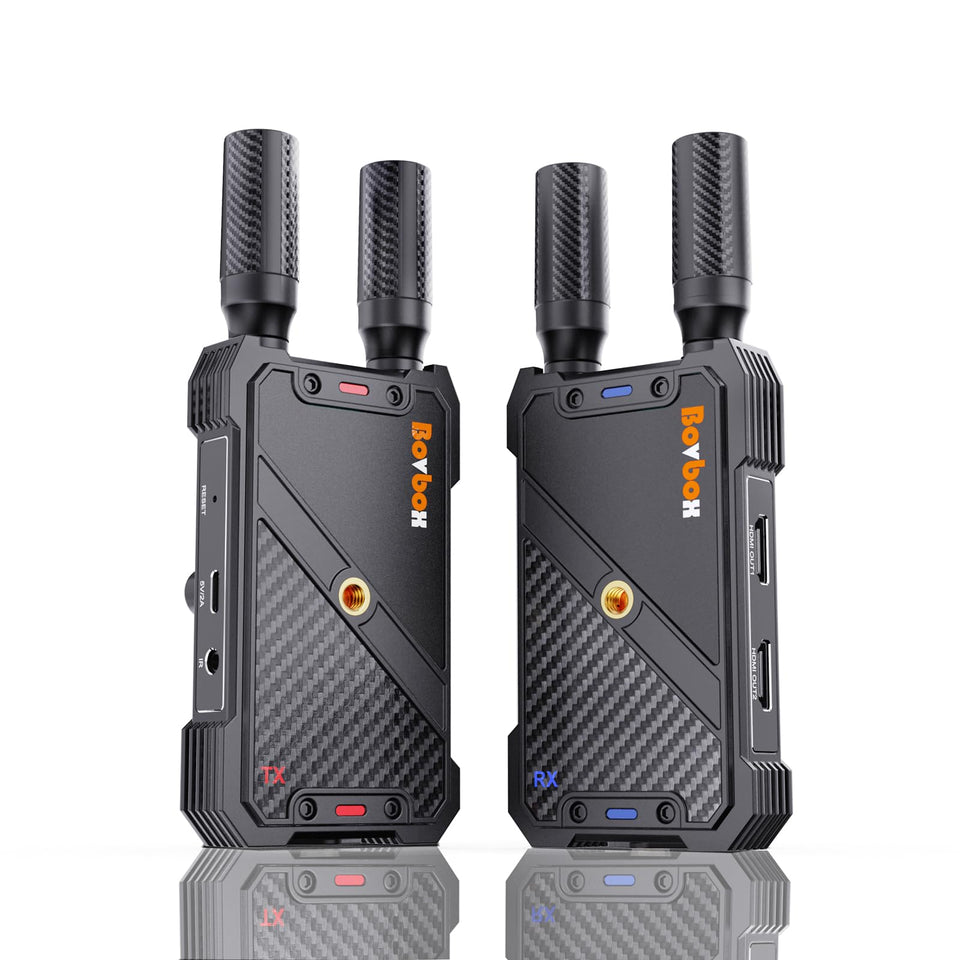 BovBox wireless HDMI transmitter with 1312ft range shown for open-space setups.