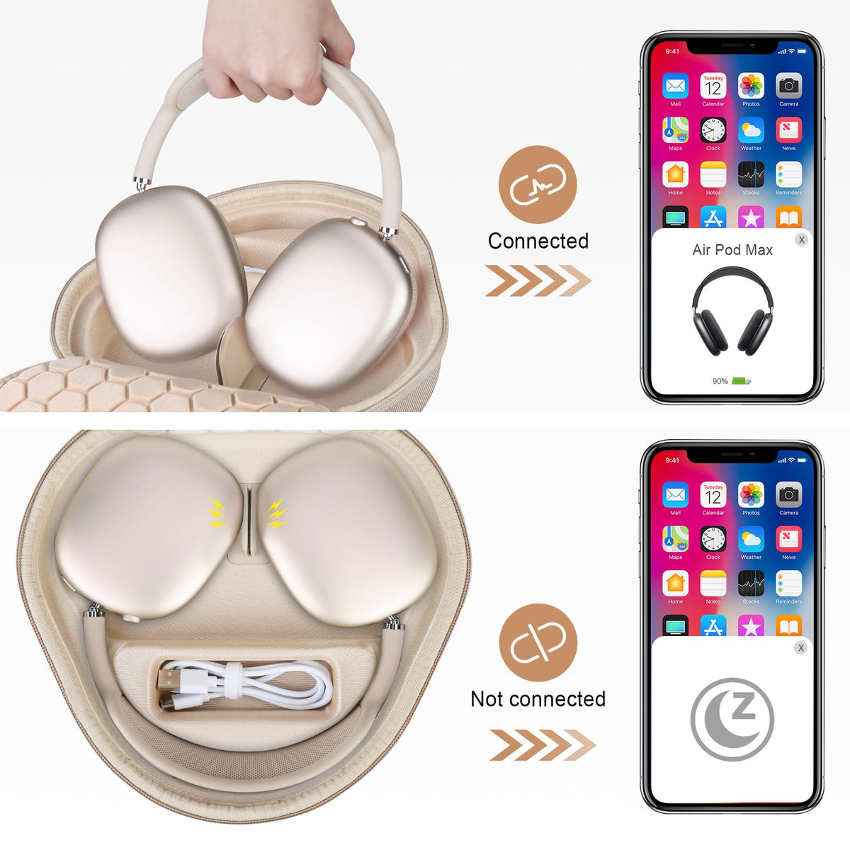 BOVKE AirPods Max 2 case interior layout showing 1:1 fit and divider