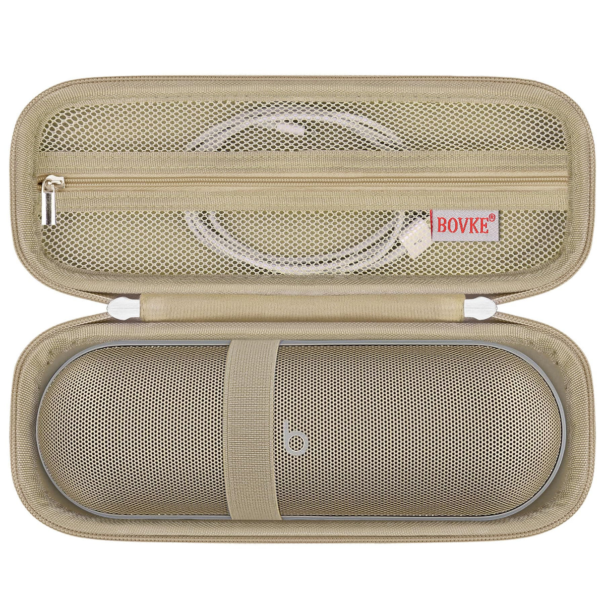 BOVKE Beats Pill carrying case with sturdy handle for easy on-the-go transport.