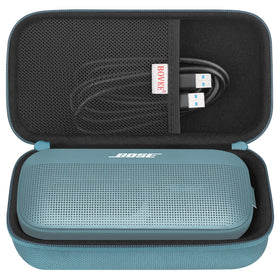 BOVKE front view of stone blue hard case showing shape and zipper for secure travel