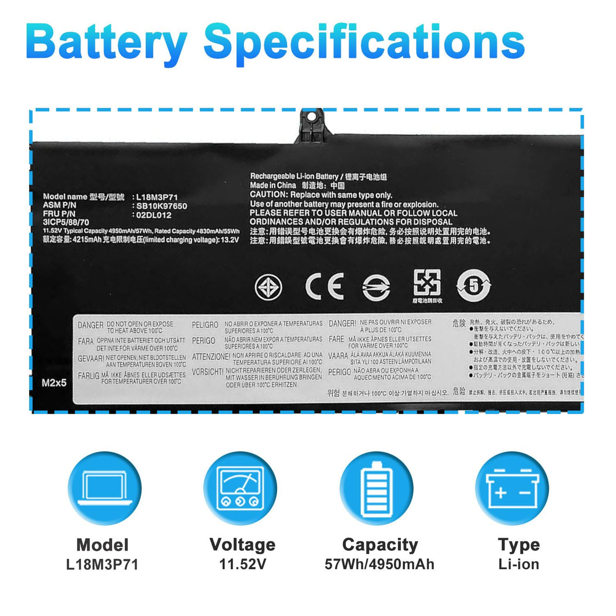 BOWEIRUI battery label close-up displaying model L18M3P71 and specs for easy verification