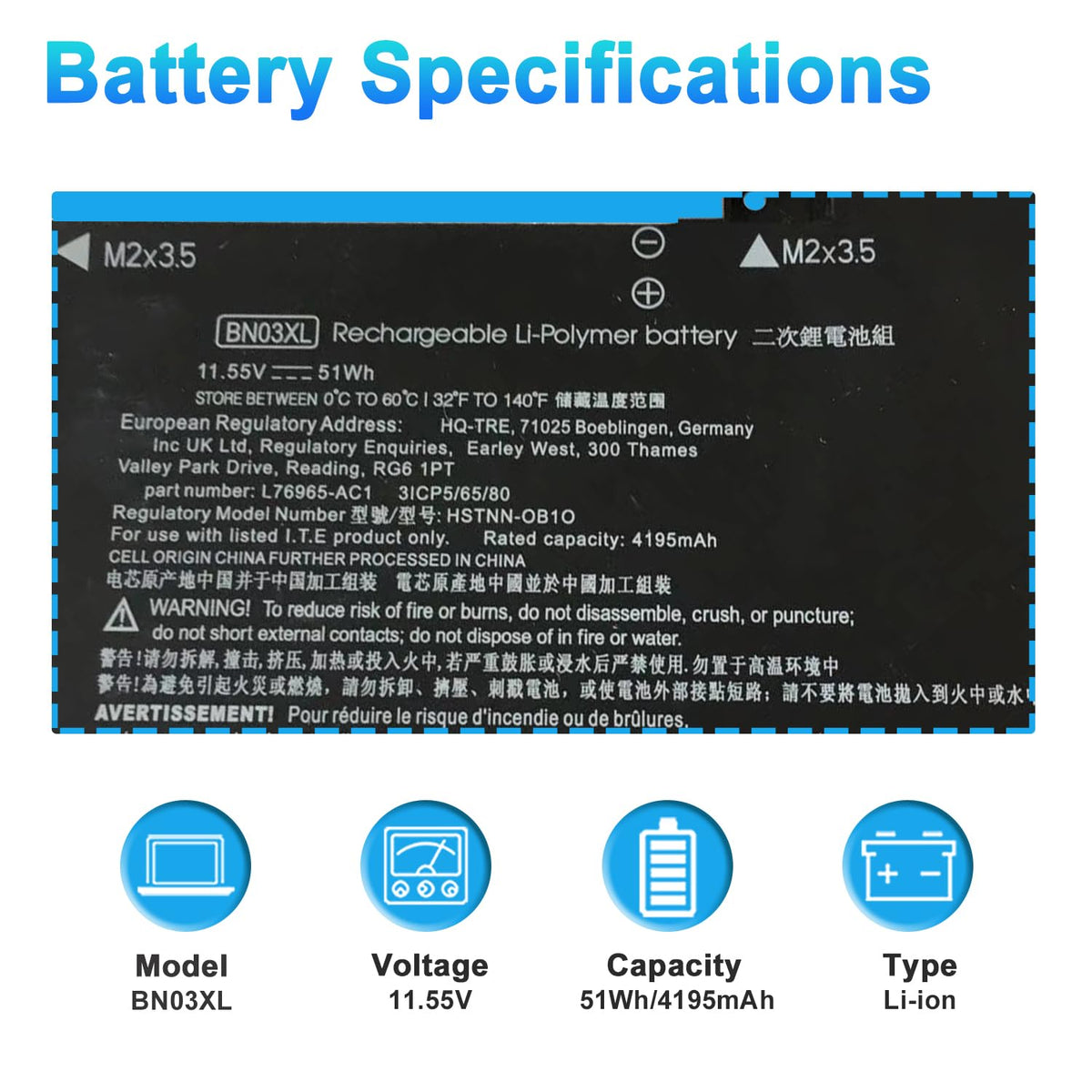 BN03XL battery in box with installation tools for easy replacement