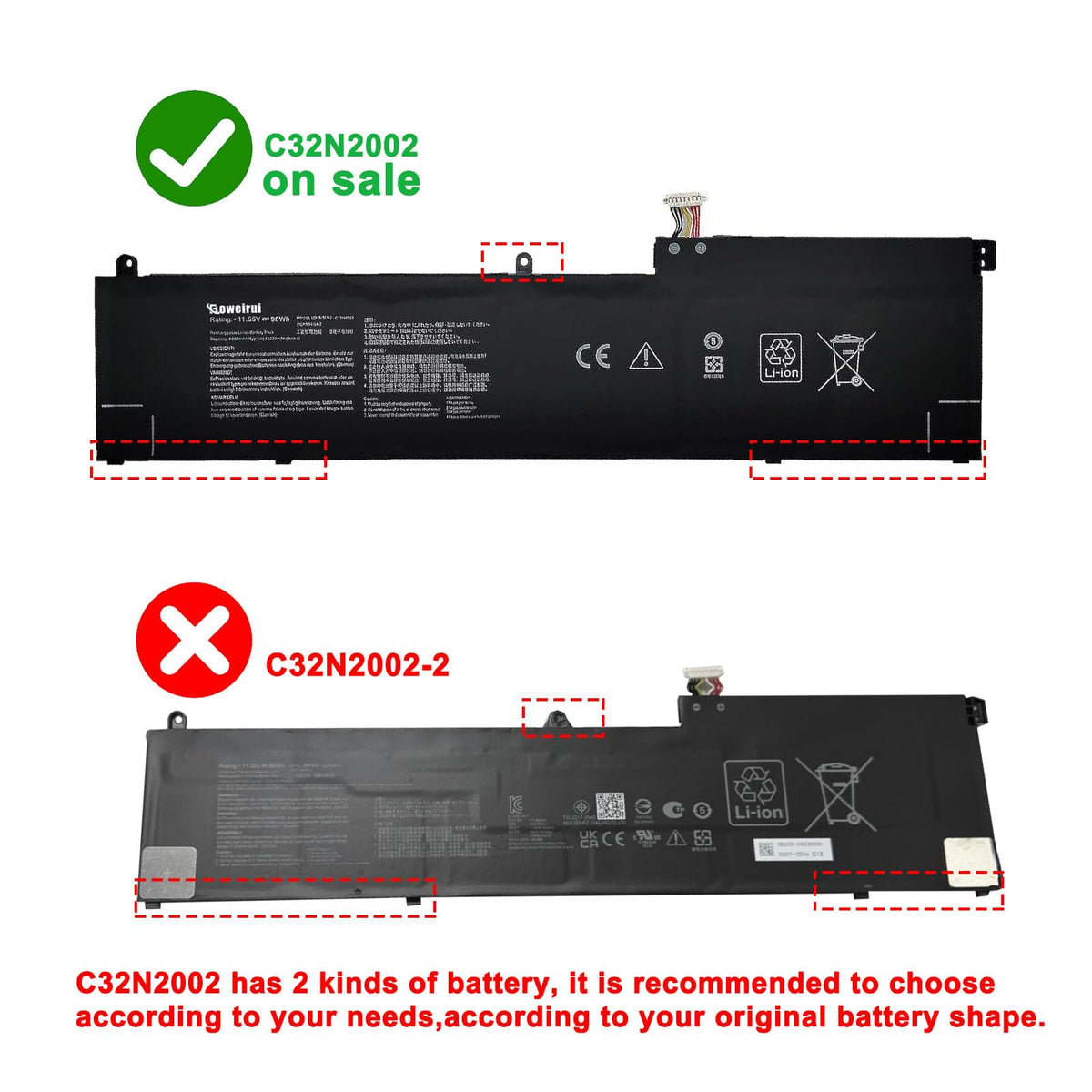BOWEIRUI battery top label with model and capacity for clarity