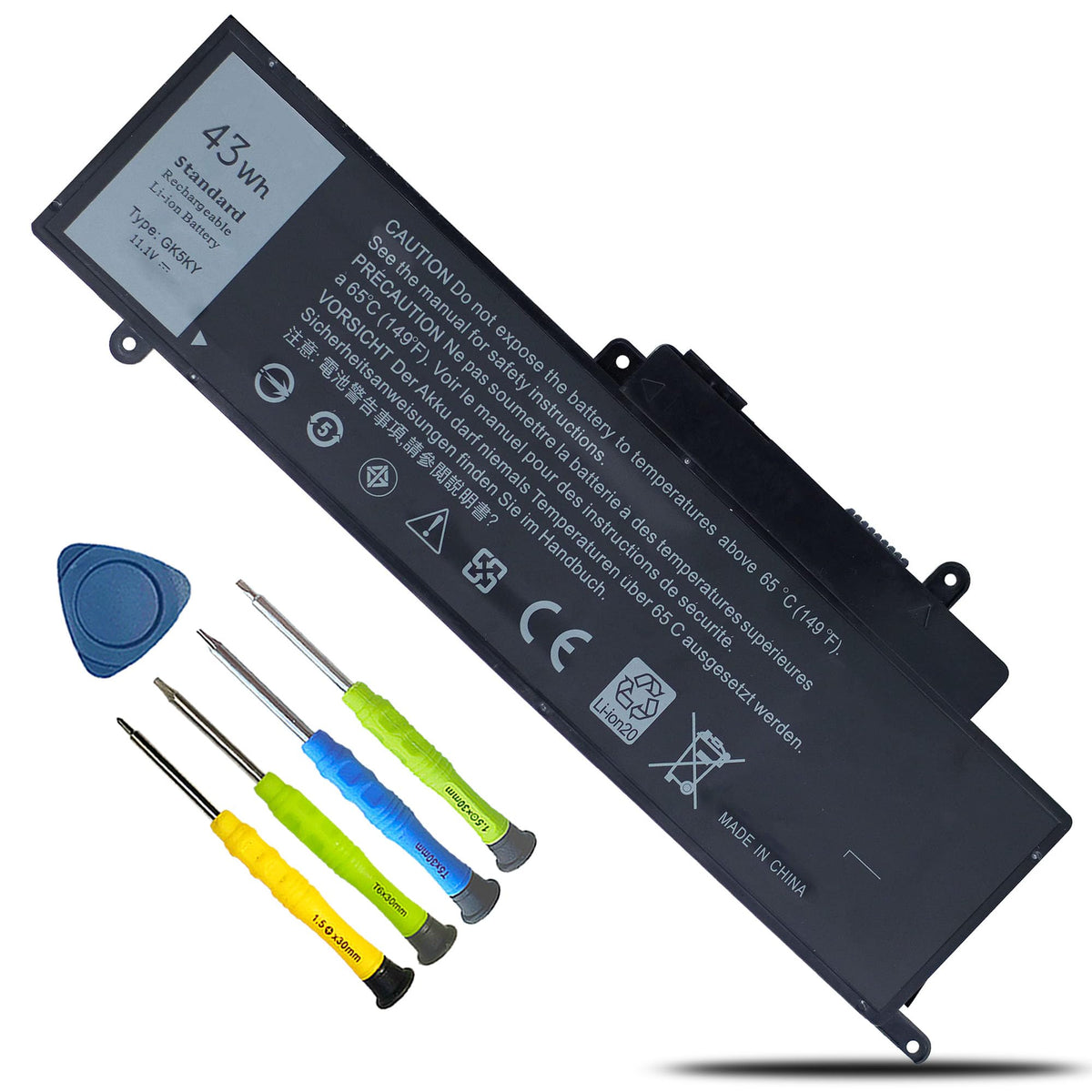 BOWEIRUI GK5KY battery front view, compact 11.1V design for Dell Inspiron replacements.