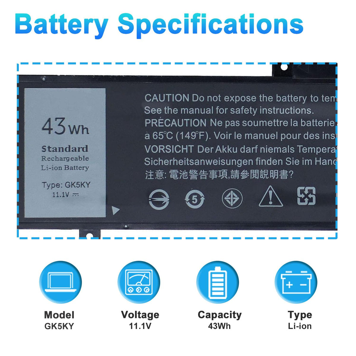 BOWEIRUI GK5KY battery side connection, showing easy plug-in compatibility for Dell laptops.