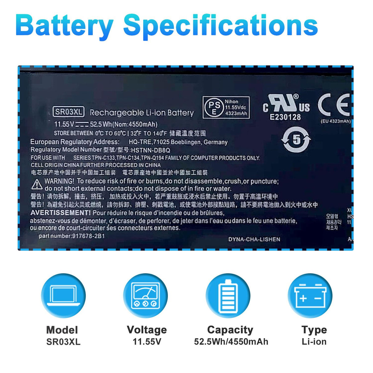 BOWEIRUI SR03XL top label with voltage, capacity and certification details