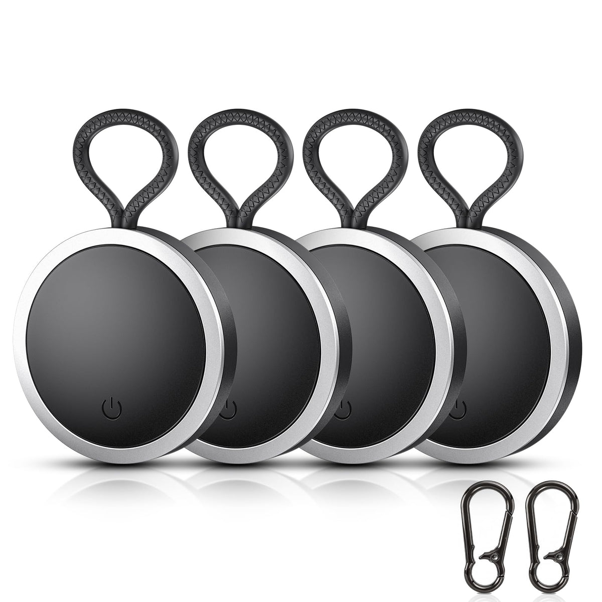 BowenBo front view of 4-pack black trackers showing compact design and secure hooks