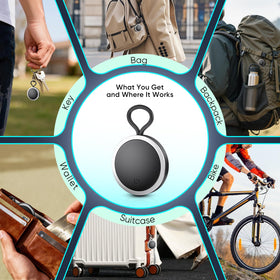 BowenBo trackers in a travel setting showing multiple tags protecting essentials