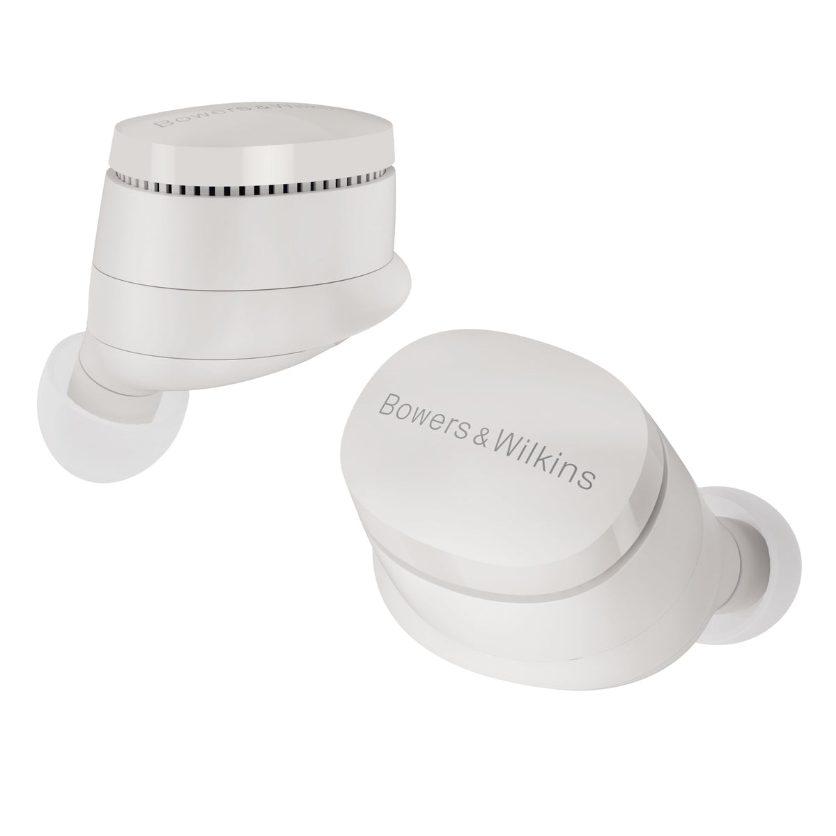 Bowers & Wilkins Pi6 earbuds with cloud grey case, compact and pocket-friendly.