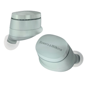 Bowers & Wilkins Pi6 forest green earbuds case shown for portable charging.