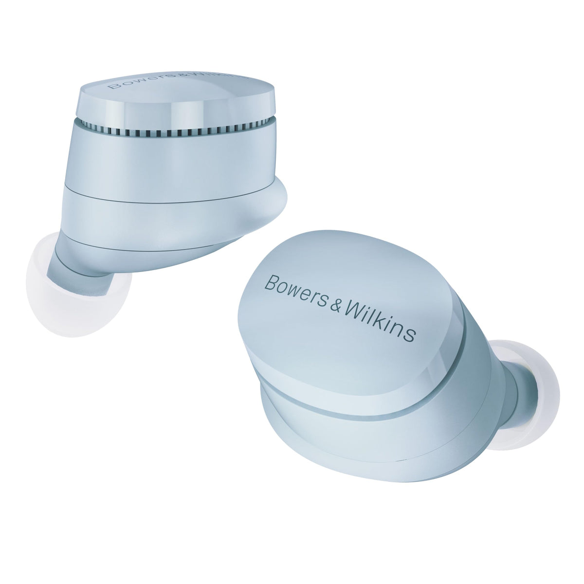 Bowers Wilkins Pi6 Glacier Blue earbuds close-up with case for all-day listening