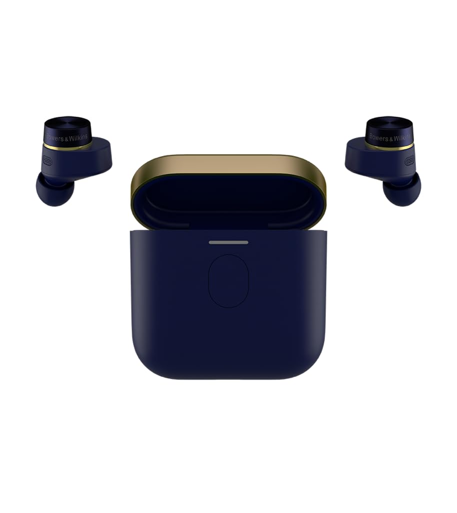 Bowers and Wilkins Pi7 S2 earbuds in midnight blue deliver high-fidelity sound.