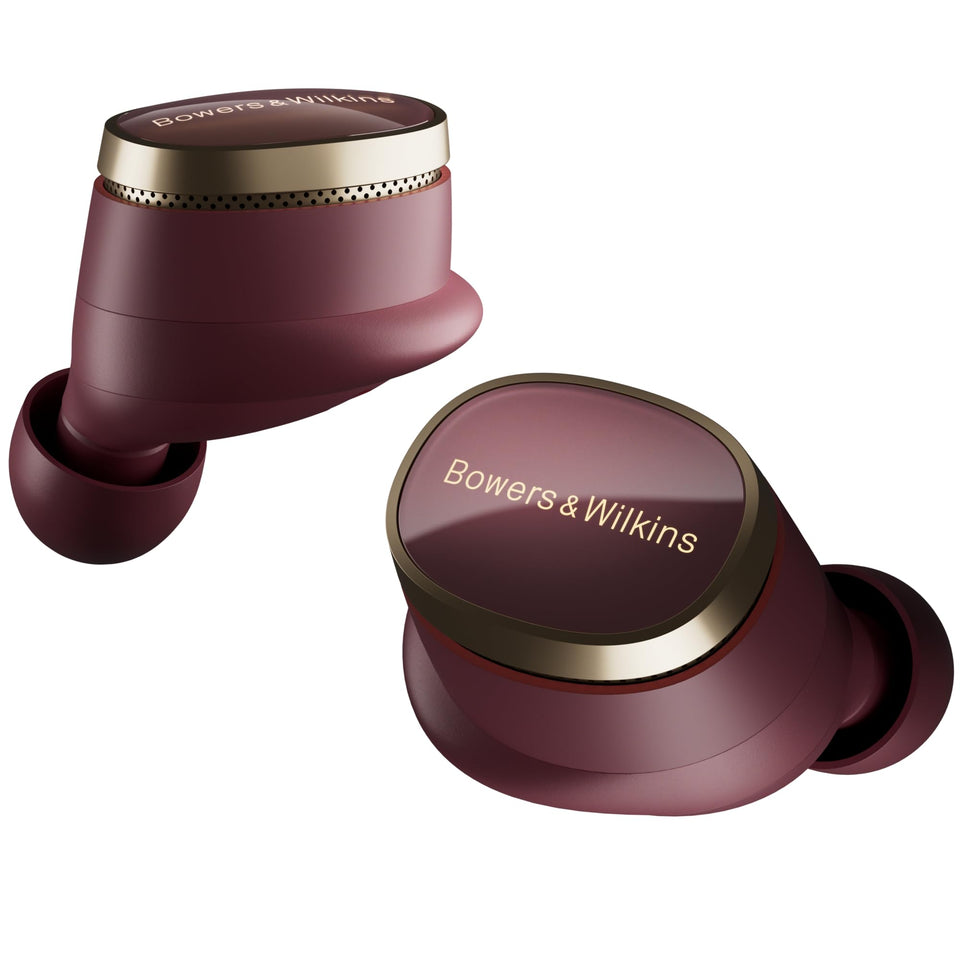 Bowers & Wilkins Pi8 earbuds in dark burgundy with case for on‑the‑go listening.