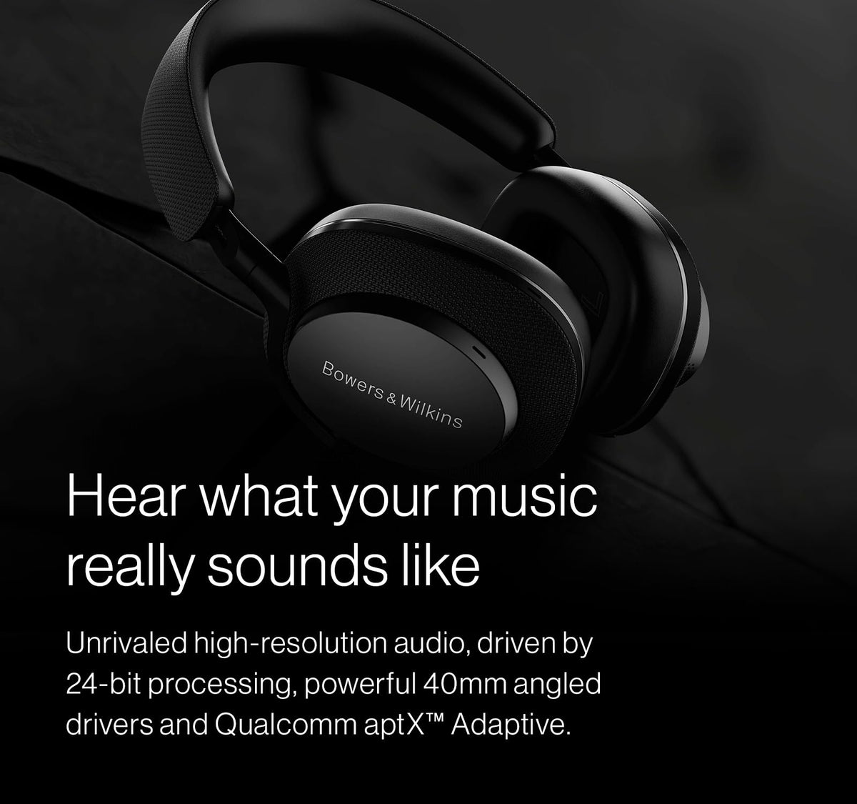Bowers and Wilkins Px7 S2e earcup detail shows plush comfort and precise fit.