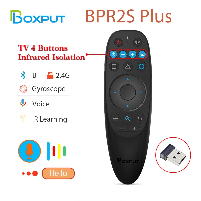 BOXPUT remote showing voice search feature for quick content discovery.