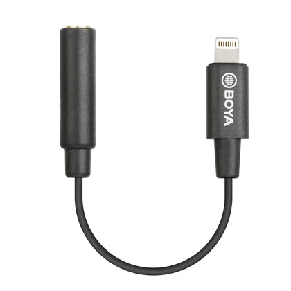 BOYA BY-K3 TRRS to Lightning adapter connected to iPhone for mic input