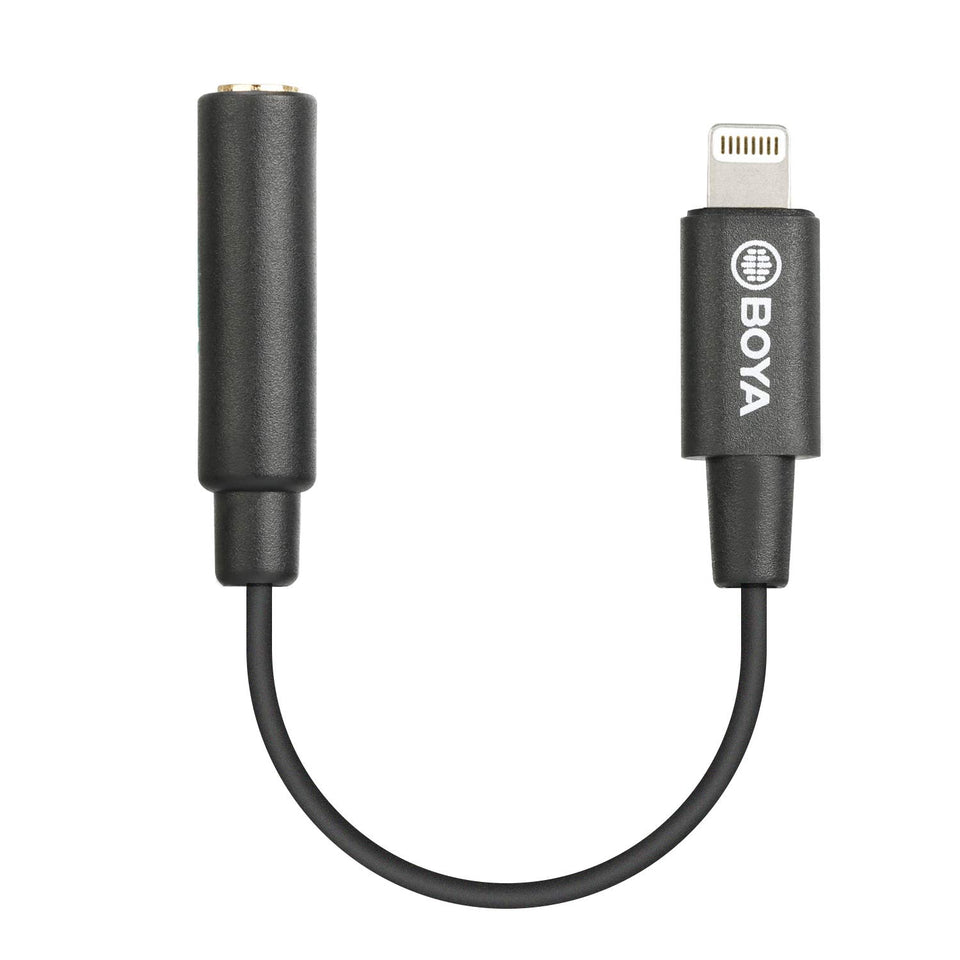 BOYA BY-K3 TRRS to Lightning adapter connected to iPhone for mic input