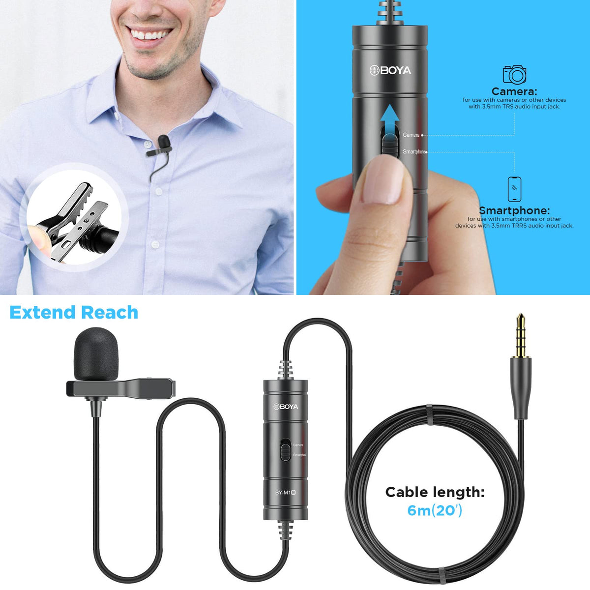 BOYA BY-M1S long-reach cord reduces clutter during dynamic shoots.