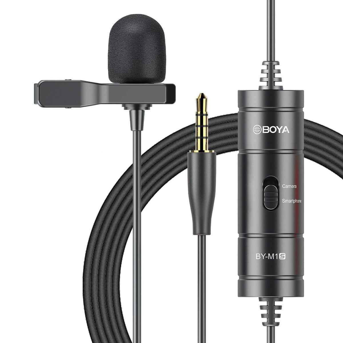 BOYA BY-M1S lavalier mic clipped on for discreet interview recording and clear voice pickup.