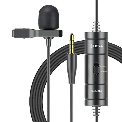 BOYA BY-M1S lavalier mic clipped on for discreet interview recording and clear voice pickup.