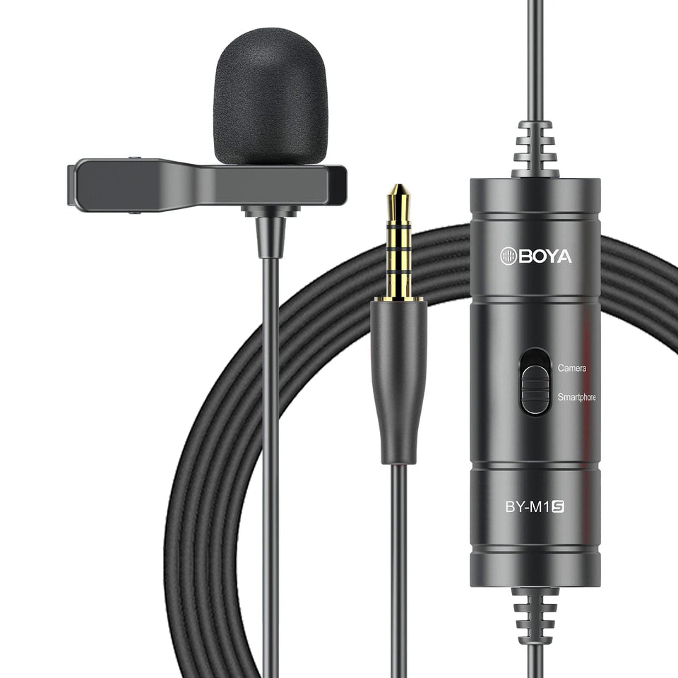 BOYA BY-M1S lavalier mic clipped on for discreet interview recording and clear voice pickup.