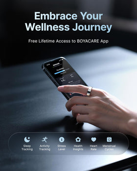 BOYACARE ring displays heart rate and oxygen monitoring for daily health awareness
