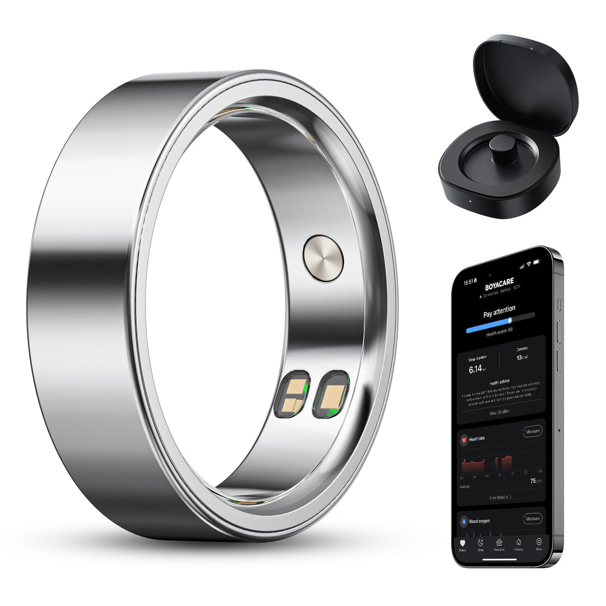 BOYACARE smart ring worn on finger showing wearable health monitor for continuous wellness tracking