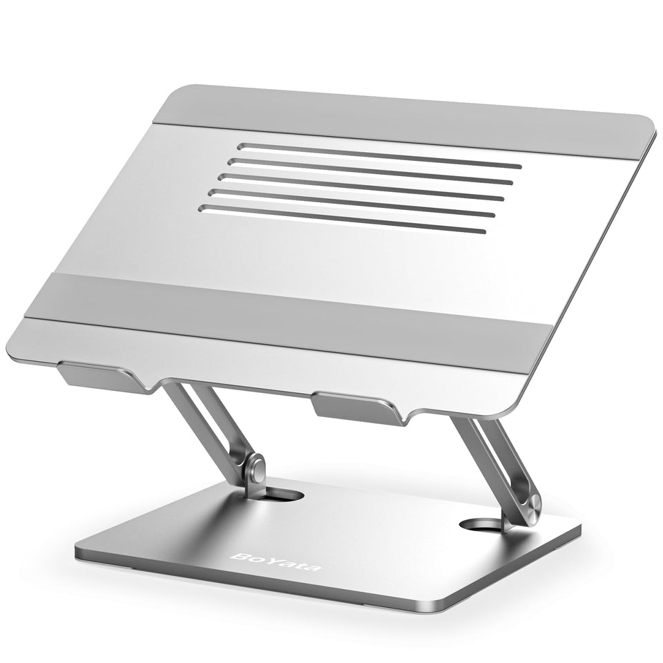 BoYata Laptop Stand angle view highlights adjustable height for ergonomic typing.