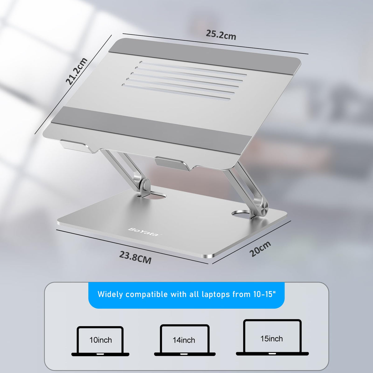 BoYata Laptop Stand tilt adjustment demonstrates versatile positions to save desk space.
