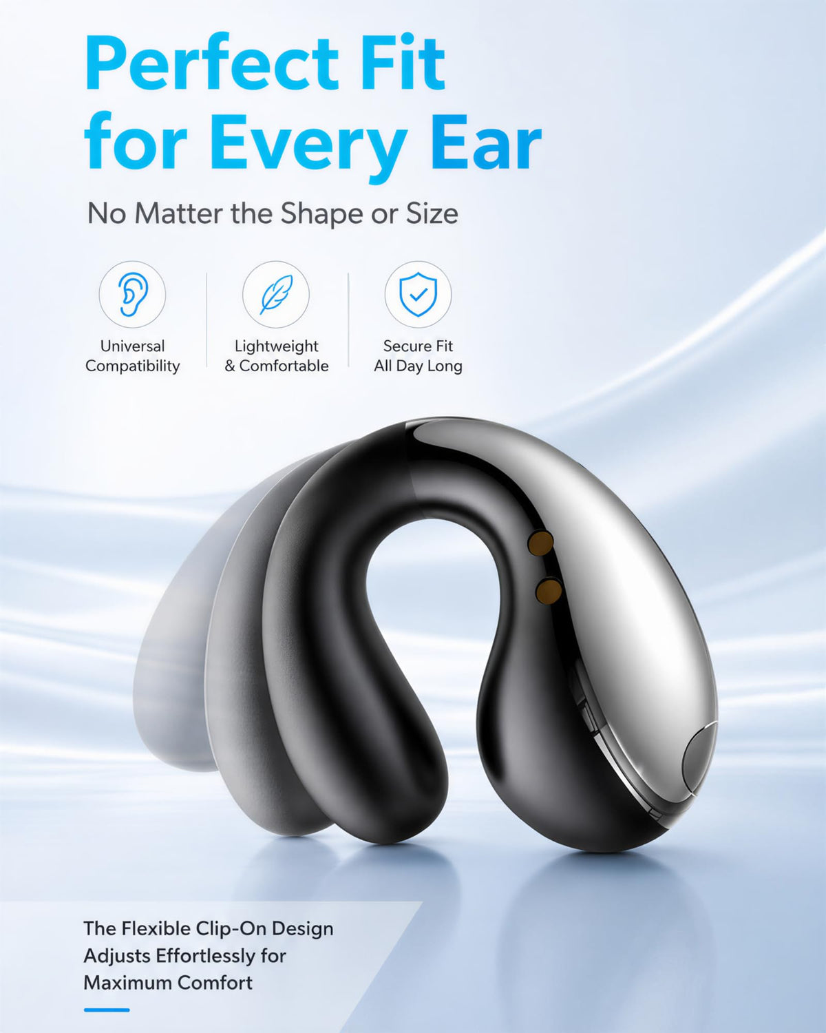 Boytond earbuds clipped over ear demonstrating secure fit and all-day comfort