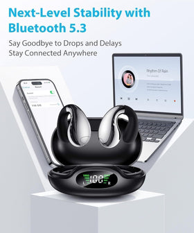 Boytond earbuds next to smartphone showing compact size and portability