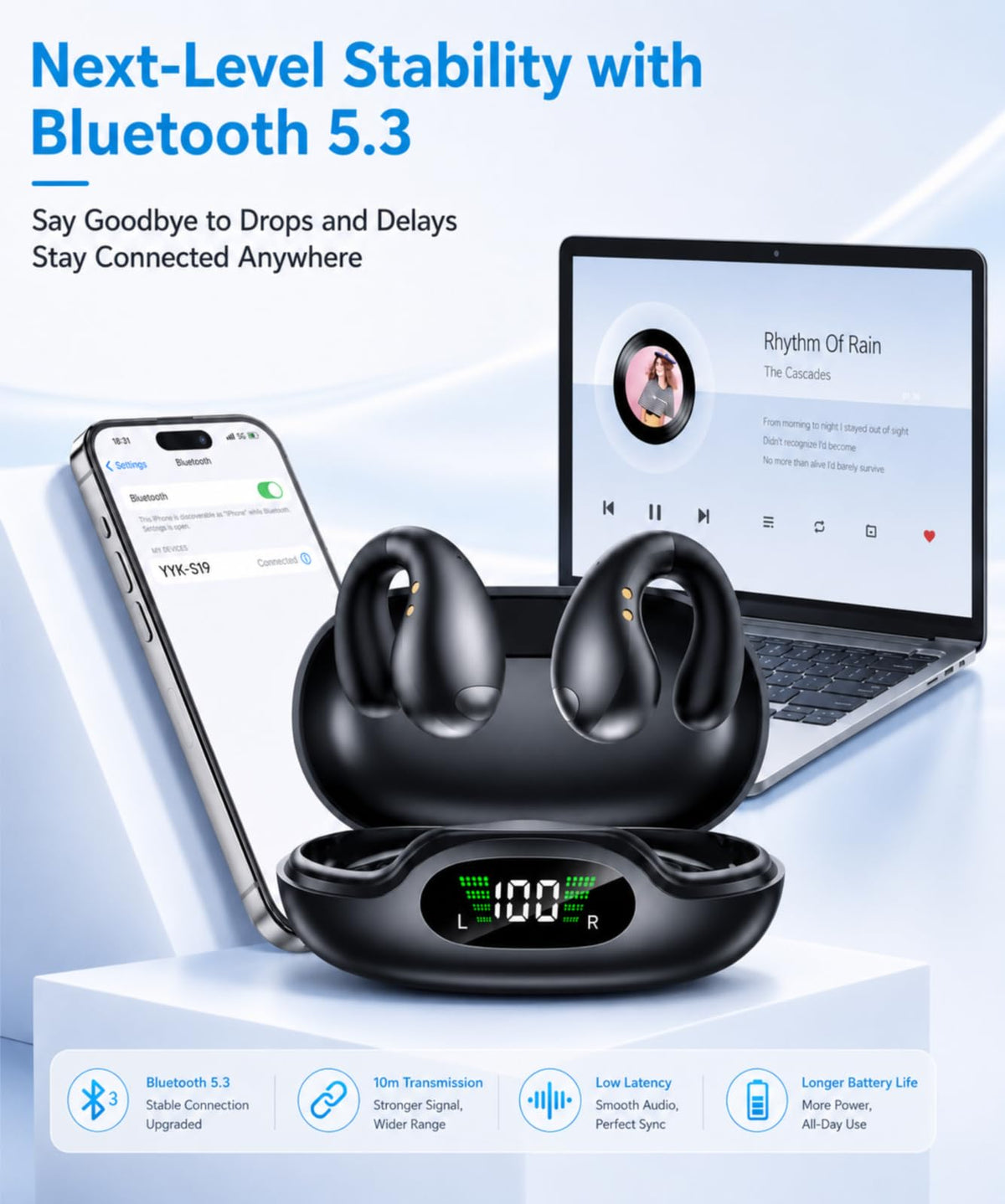 Boytond earbuds worn during rainy run showing water resistance benefit