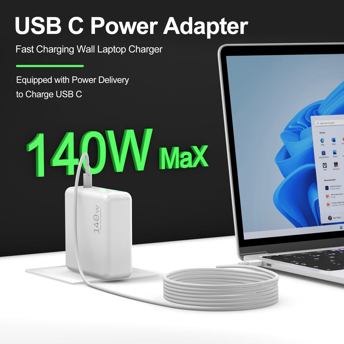 Boyunenge 140W USB-C Charger angled view with compatible devices ready for fast charging