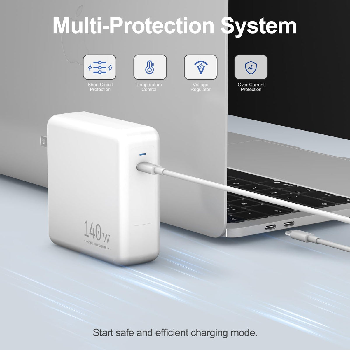 Boyunenge 140W USB-C Charger connected to MacBook Pro illustrating high power delivery