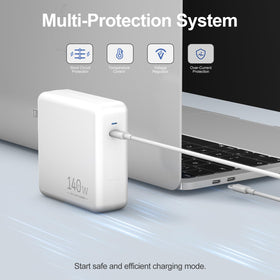 Boyunenge 140W USB-C Charger connected to MacBook Pro illustrating high power delivery