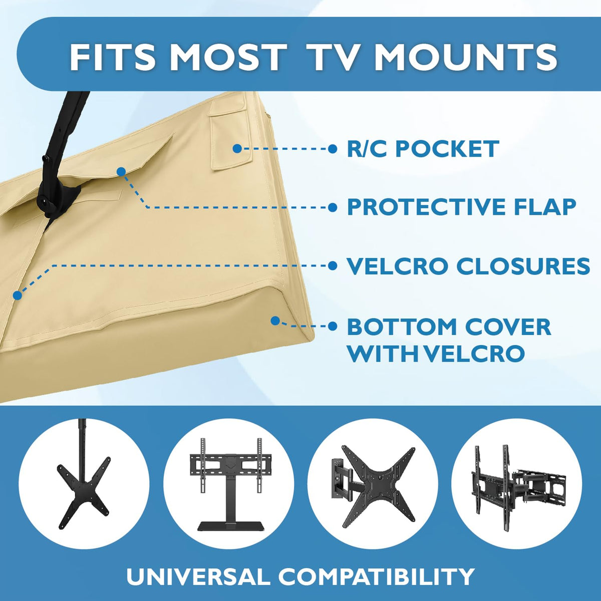 Bozzcovers beside TV stand showing dimensions, helps confirm proper fit and scale
