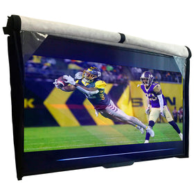 Bozzcovers front view of cover protecting 80–85" TV, weather resistance benefit