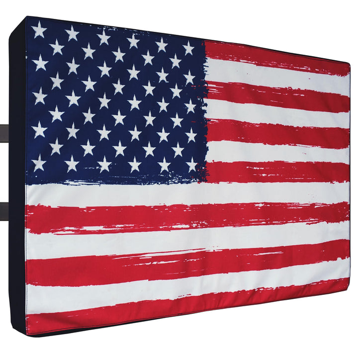 Bozzcovers front view American Flag cover protecting TV, enhances outdoor aesthetics