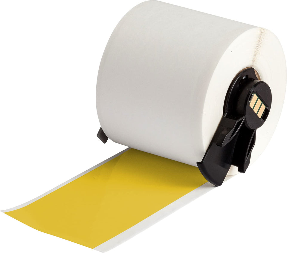 Brady all-weather label tape in yellow, 2in by 50ft, ideal for outdoor markings.